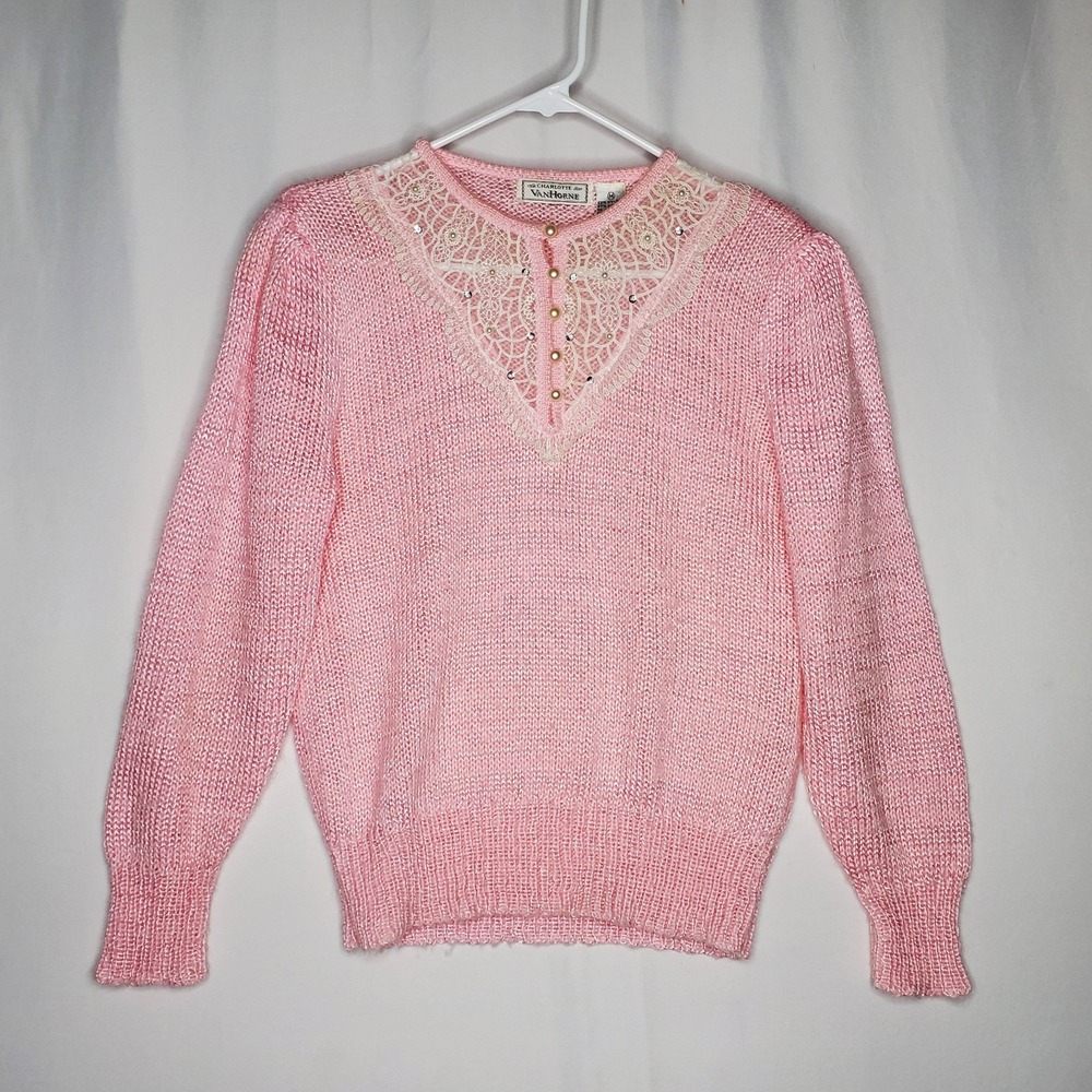 Charlotte VanHorne Sweater Women Medium Vtg Pink Lace Pearl Coquette Cottage